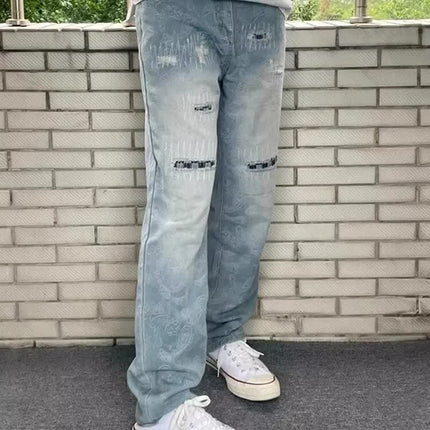 European and American High Street Vibe Retro Paisley Jeans for Men and Women with Ripped Patches, Unique Design, Slimming and Eye-Catching Street Style Pants