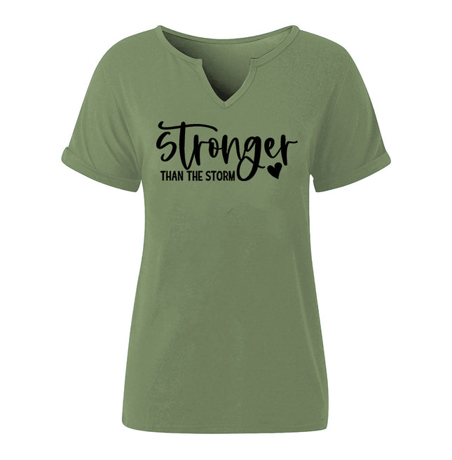 Amazon Cross-Border Spring and Summer New Product V-Neck Rolled Sleeves Stronger Than the Storm Letter Print