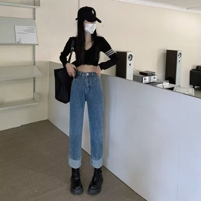 High waist curling straight jeans women's loose 2024 Summer new wide leg slimming high-looking all-match pipe pants