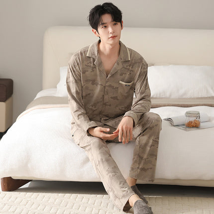 [40-Count Lycra Cotton] Men's Spring and Autumn Long-Sleeve Pure Cotton Large Size Pajamas, Suitable for Home Wear and Can Be Worn Outside
