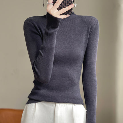 High collar autumn and winter Korean women's pile collar long sleeve knitted wool sweater women's inner pullover slim base shirt