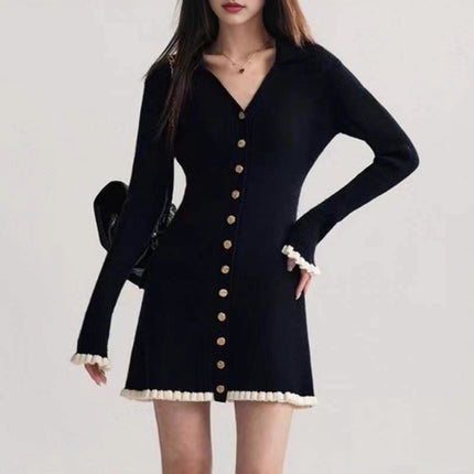 French-Style Autumn and Winter New V-Neck Long-Sleeve Knit Dress, Can Be Worn as an Inner Layer or Outerwear, Little Black Dress, Slim-Fitting Sweater Dress