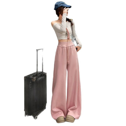 Casual Lazy Style American Retro Loose Wide-Leg Pants with Drape Drawstring Straight-Leg Casual Pants for Women in 3 Colors & Extended Length