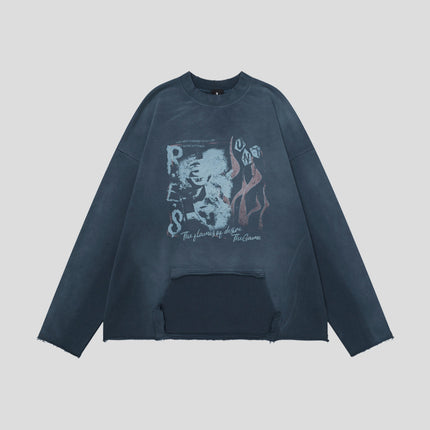 # OVDY 430g combed cotton terry sweater retro spray color old wash water imitation worn round neck sweater for men and women