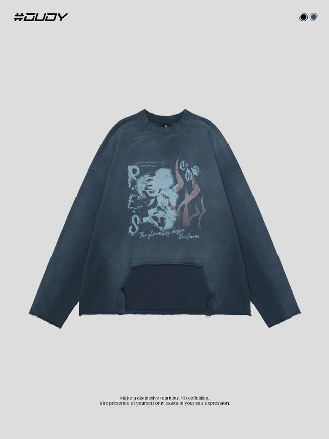 # OVDY 430g combed cotton terry sweater retro spray color old wash water imitation worn round neck sweater for men and women