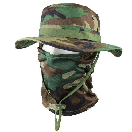 Outdoor Tactical Fisherman Hat Camo Penny Hat Summer Mountaineering Training Sunshade Round Edge Hat Mask Two-piece Set