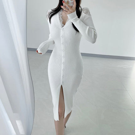 South Korea Dongdaemun Slim-fit Sexy Tight Waist Figure Feminine Lace Stitching Split Knitted Long-sleeved dress