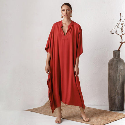 New European and American Style Silky Polyester Loose Long Dress Beach Bikini Swimsuit Blouse Seaside Holiday Sun-protective Shirt Long Gown