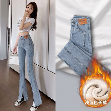 Fleece-Lined Thick Black Flared Jeans with Slits for Women, High-Waisted, Slimming, Autumn and Winter 2025 New Style, Extended Length Pants
