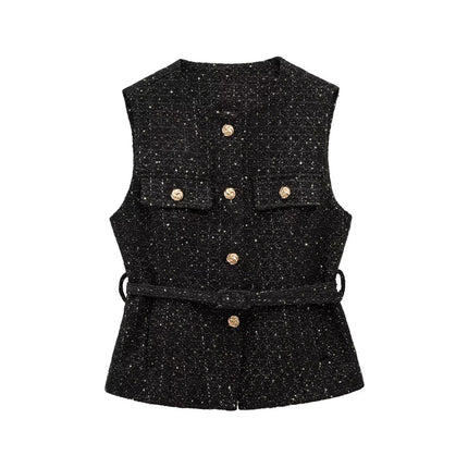 European and American 2024 New Autum Women's Retro Sleeveless Slim Fit with Belt Sequin Textured Vest 9298725