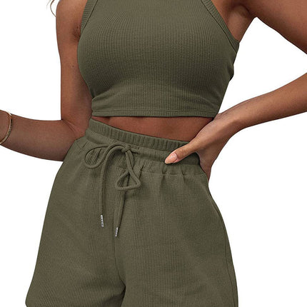 2026 Cross-Border Summer New Style Sleeveless Waffle Set Solid Color Vest Top Tie-Up Shorts Casual Two-Piece Set