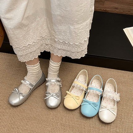 French Silver Mary Jane Shoes for Women 2025 Spring New Style Bow Shallow Mouth Fairy Evening Breeze Gentle Flats Shoes