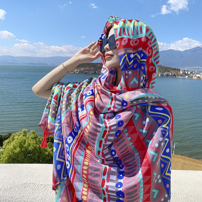 Korean style fresh color line color matching cotton and linen hand scarf ethnic style travel outside shawl sunscreen beach towel