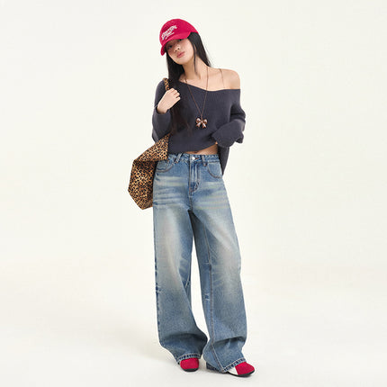 Vintage Washed Crease Wide Leg Jeans Women's Autumn and Winter 2024 New Straight Loose High Waist Slimming Mop Pants