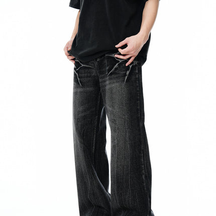 11KN American Retro High Street Lightning Crack Washed Jeans Old Cat Whiskers Loose Micro-pants Jeans