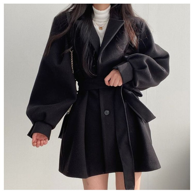 New Korean Style Autumn and Winter Wear Strap Elegant Small Women's Dress Collar Hepburn Style Mid-length Woolen Women's Coat Jacket