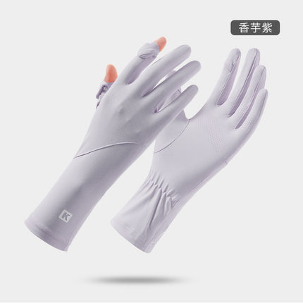 New spring and summer sunscreen gloves breathable thin driving cycling non-slip finger-free touch screen ice silk lengthened gloves wholesale