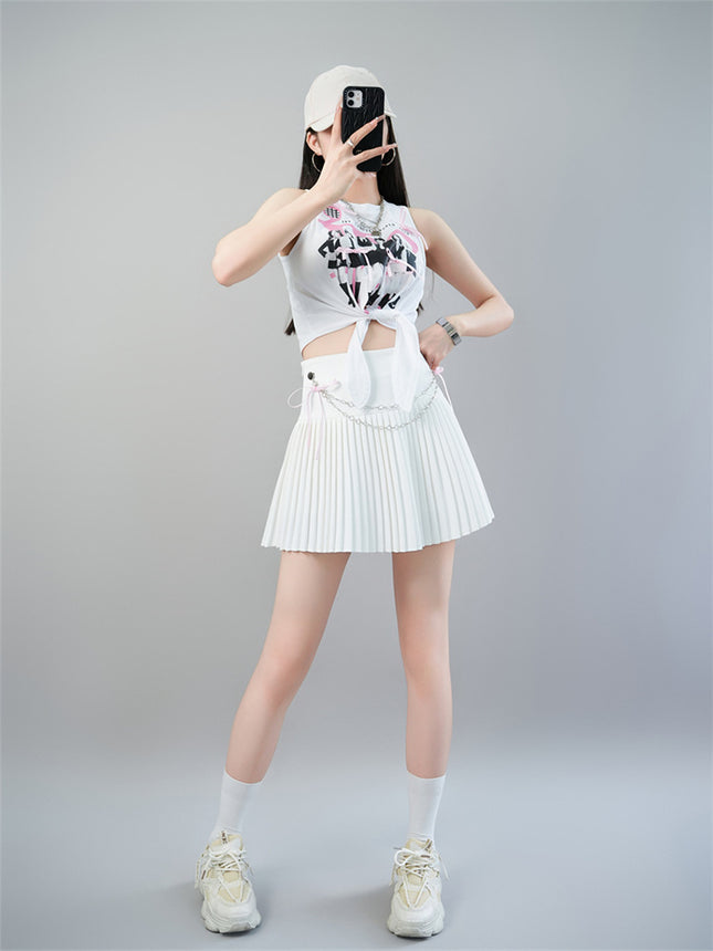 Korean Idol Zhang Yuanying's Same Style White Printed Tank Top Sleeveless Chain Pleated Skirt Short Skirt Stage Outfit Set Summer