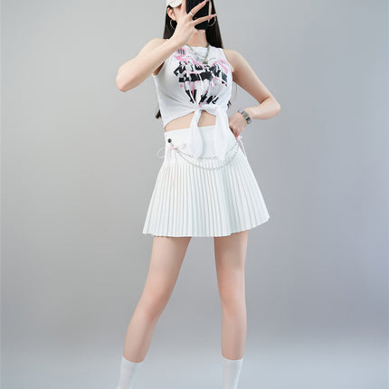 Korean Idol Zhang Yuanying's Same Style White Printed Tank Top Sleeveless Chain Pleated Skirt Short Skirt Stage Outfit Set Summer