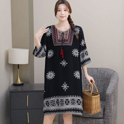 Extra Large Size Ethnic Style Round Neck Three-Quarter Sleeve Dress Loose Embroidered Flower Cotton Silk Travel Beach Skirt for Women