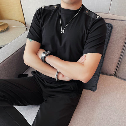 New Products Recommended Men's Short-sleeved T-shirt Small Middle Neck Slim-fit High Elastic Base Shirt Shoulder Button Design Half-sleeved T-shirt
