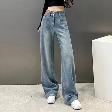 Vintage Blue Jeans for Women, Thin Style, Summer 2025 New Model, Petite Loose Straight Wide-Leg Floor-Length Pants