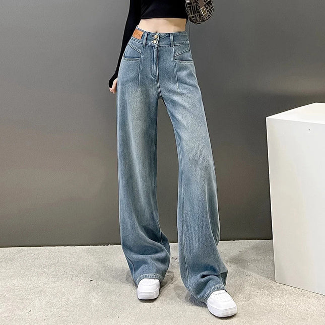 Vintage Blue Jeans for Women, Thin Style, Summer 2025 New Model, Petite Loose Straight Wide-Leg Floor-Length Pants