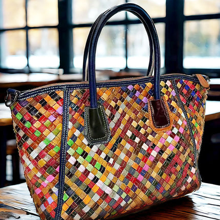 European and American Trendy Women's Bags, Colorful Cowhide Leather, Fashionable and Versatile Woven Shoulder Tote, Genuine Leather Crossbody Bag, Large Capacity, Retro