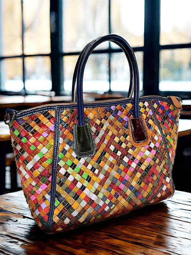 European and American Trendy Women's Bags, Colorful Cowhide Leather, Fashionable and Versatile Woven Shoulder Tote, Genuine Leather Crossbody Bag, Large Capacity, Retro