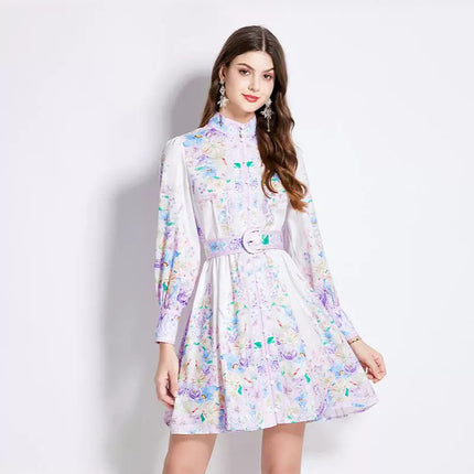 Royal sister fan cross-border 2024 early spring retro court style stand collar single-breasted lantern sleeve waist slimming dress