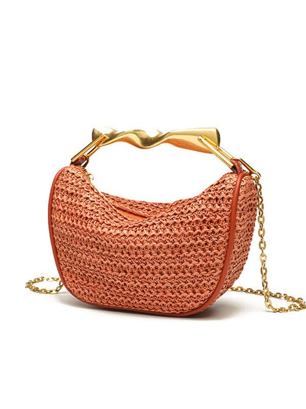 ZA home cross-border metal golden handle mini bag women's 2025 new straw woven bag shoulder slung zipper woven bag