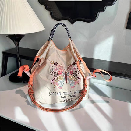 High-Quality Japanese-Style Ball Chain Eco-Friendly Shopping Bag Nylon Fabric Embroidered Floral Tote Nylon Canvas Bag