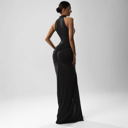 Sanhu Lianjiang Q25Ds104 European and American Women's Pure Color Sleeveless Halterneck Tight-Fitting Hip-Shrinking Pleated Slit Long Dress