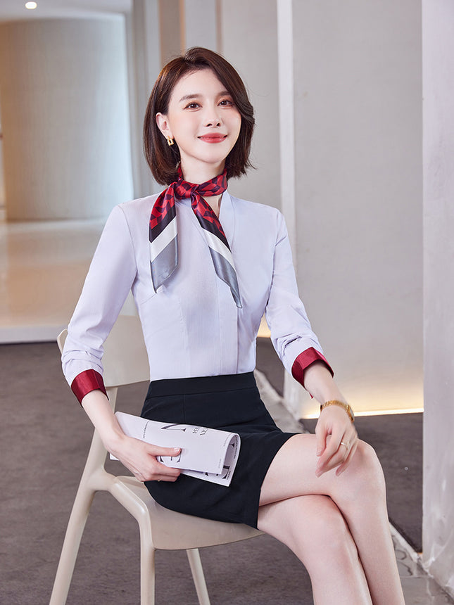 Autumn Professional Long Sleeve Shirt suit Female Stewardess Uniform Dress Jewelry Store Hotel Front Desk Attendant Work Clothes