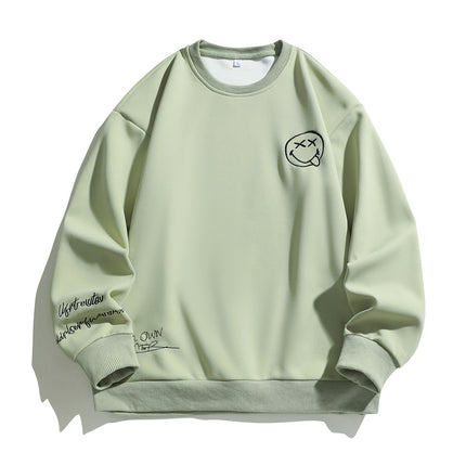 Smiley face embroidered heavy round neck sweater men's autumn new Japanese fashion brand all-matching boys plus size casual pullover