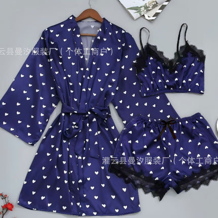Cross-Border New Style Camisole, Shorts, and Robe Three-Piece Set, Sexy Lace Women's Loungewear Pajamas, Wholesale in Stock