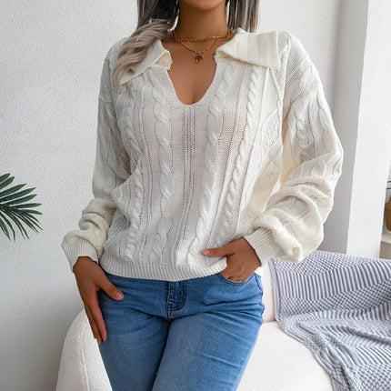 Clearance Sale: Autumn/Winter European and American Style Casual Turn-Down Collar Cable Knit Lantern Sleeve Sweater - Amazon Cross-Border Women's Fashion