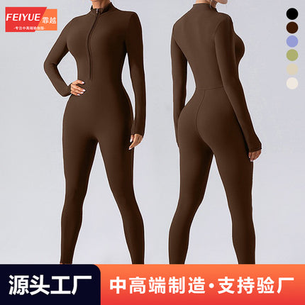 Cross-border Explosions High-elastic Zipper Vertical Collar Long-sleeved Yoga One-piece Suit Women's Sports Fitness Running Training Yoga Suit