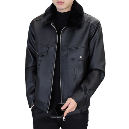 Winter fleece-lined Thickened Jacket Men's High-end Handsome Trendy Biker Clothing Leather Clothing Winter Clothing Warm Cotton Jacket Youth