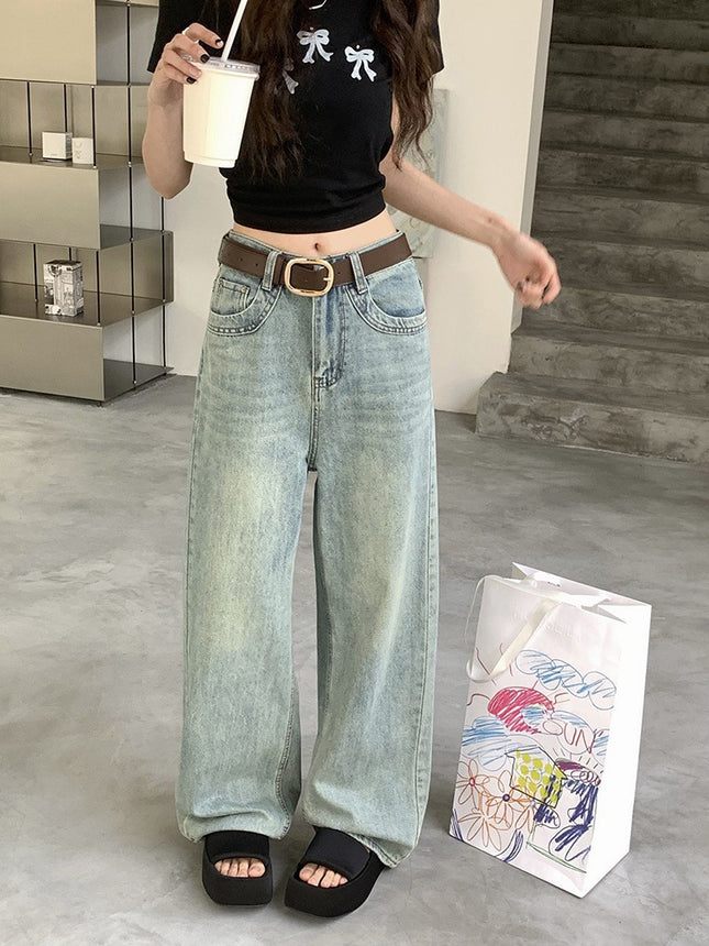 2024 New Spring wash blue loose leg leisure straight Denim mop trousers female