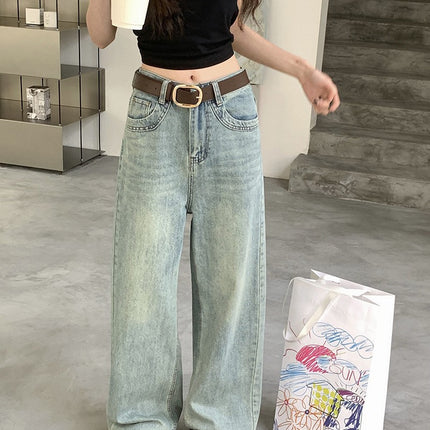 2024 New Spring wash blue loose leg leisure straight Denim mop trousers female