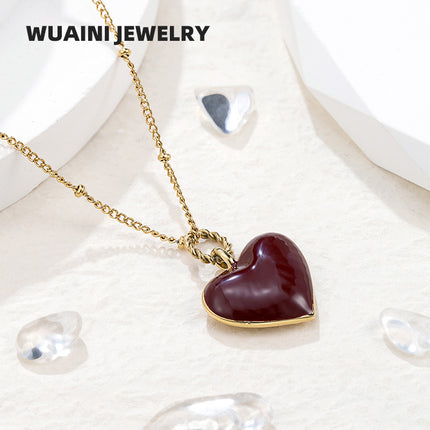 New Year's Wine Red Enamel Drop Oil Love Necklace Female Niche Color-free High-grade Pendant Titanium Steel Plated 18K Gold Accessories