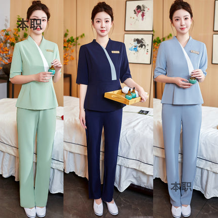 [Beauty Salon Robe] Female Beautician Work Clothes Foot Bath Club Foot Bath Nail Art Autumn and Winter Five-point Sleeve suit