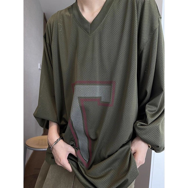 2026 Autumn and Winter New Retro Loose-Fitting Army Green Mesh Digital Print V-Neck Long-Sleeved T-Shirt Men's Jersey Ins