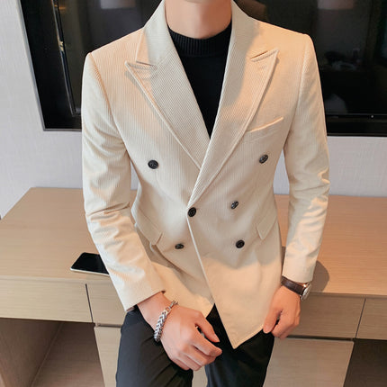 2025 New Corduroy Suit Men's Light Mature Business Double-breasted Striped Velvet Cloth Lunch Single Western Top Suit
