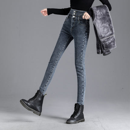 Super High Waist Jeans Women's Skinny 2024 Autumn and Winter New Fashionable fleece-lined Thickened Slimming Tall Pencil Pants