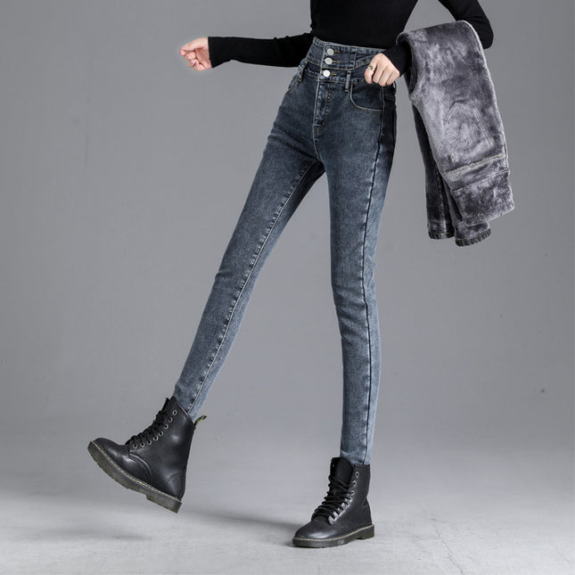 Super High Waist Jeans Women's Skinny 2024 Autumn and Winter New Fashionable fleece-lined Thickened Slimming Tall Pencil Pants