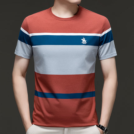 Famous Emperor Mouse Men's Summer New Middle-aged and Young Men's Pure Cotton T-shirt Round Neck Casual Striped Loose Short-sleeved T-shirt