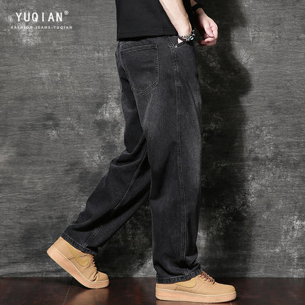 American Style Heavy Trendy Brand Wide Leg fleece-lined Jeans Men's Autumn and Winter New Loose Straight High Street Vintage Pants Spring and Autumn