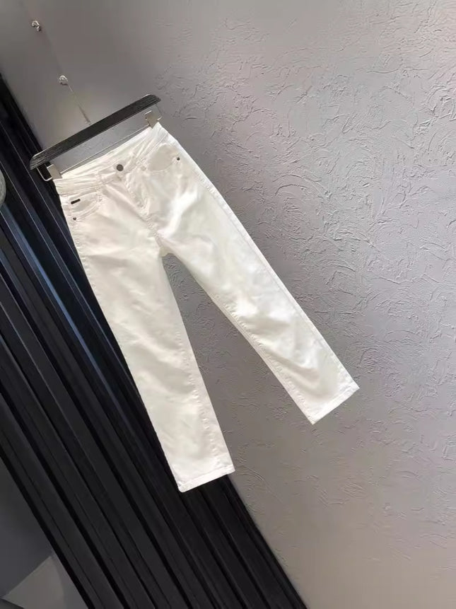 White Straight Jeans 2024 Summer Thin Elastic High Waist Slim Casual Nine-Point Cigarette Pipe Pants for Small People